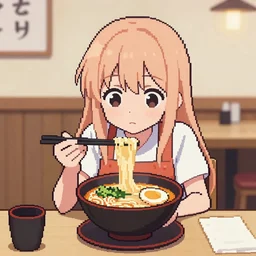 pixel art anime girl in ramen cafe, soft colors