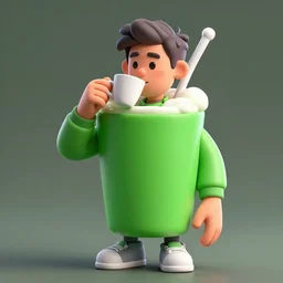 portrait of a ( ( ( large green taza de cafe lleno del universo ) ) ), ( ( dotado futuristic guapo y joven espanol ) ), drinking coffee, 3 d photorealistic, concept character, by filip hodas, trending on artstation