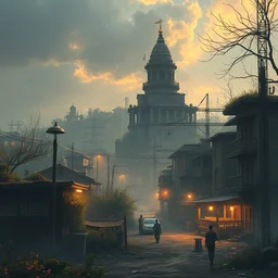 a wholesome photo realistic animation key shot of a post apocalyptic city with hindu kovil urban landscape, covered by nature hipster vibes art by greg rutkowski, bloom, dramatic lighting