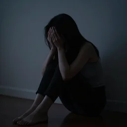 Silhouette of a girl crying and trying to hide her tears, sitting in a dark room, with a faint light coming through, professional award winning photography, black and white, law of the thirds