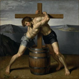 a painting of a man being nailed to a barrel, a surrealist painting by Odd Nerdrum, featured on deviantart, pre-raphaelitism, 1820
