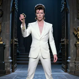 david bowie as lucifer from neil gaimans sandman, standing at the gates of hell, holding a long skeletal key