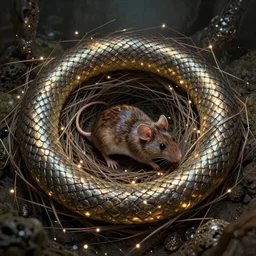 a mouse in the magic snake nest, covered with huge electroplated scales, ， magic light dust, horizon zero dawn machine, intricate. symmetrical. dim lighting, unreal engine 5, concept art ， by greg rutkowski, loish, highly rendered, digital painting, artstation, artstation hq, mysterious toplight 8 k