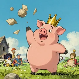 trippy comic art of a obese pig wearing a gold crown throwing tan paper balls into the air, drawn by Martin Rowson, Tim Burton, Studio Ghibli, Alex Pardee, Nekro Petros Afshar, James McDermott, colors by lisa frank, unstirred paint, vivid color, cgsociety 4K