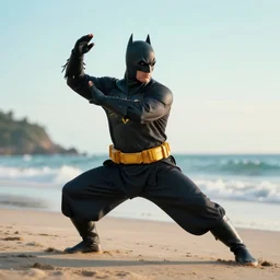 batman performing kalaripayattu on a beach, cinematic, color graded, volumetric lighting, octane render, ultra realistic