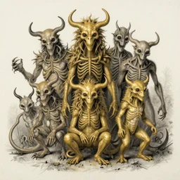 realistic portrait of creatures from nightmares, drawn, golden, 1450, ink, ultra realistic, 8k
