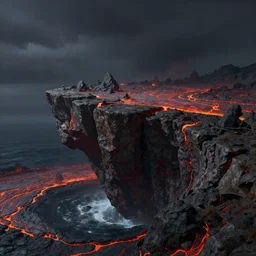 a rocky outcrop hanging over an ocean of lava in hell, digital landscape art, fantasy concept art, 4k, trending on artstation