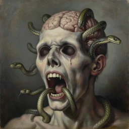 an oil on canvas painting of a screaming decapitated man's decomposing face with blank eye sockets and biting serpents swarming out of his exposed brain, a surrealist painting, polycount, surrealism, surrealist, lovecraftian, cosmic horror
