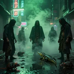 voodoo people film clip by the prodigy, cyberpunk, dark magic, green whispy fog, street scene, fluorescent street lights, dirty rats, neon signs, alligator shaman, faint feeling of doom, wet asphalt, reflected light, detailed render, gloomy, ray traced reflections, trending on deviantart, dlss, volumetric fog, volumetric light, 8 k