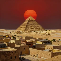 an oil painting of a small city in the desert with only one pyramid in the center and walls that surround the city and a dark red sun, fantasy,hyper realistic, atmospheric lighting, cinematic, 8k,