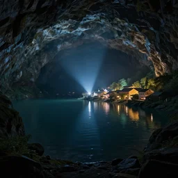 a lamplit village on the coast of a lake, deep underground digital art