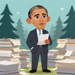 obama nervously standing by a mountain of papers, cartoonish cute, pine trees, magical atmosphere, trending on artstation, 3 0 mm, by noah bradley trending on artstation, deviantart, high detail, stylized portrait