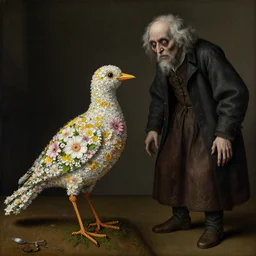 a bird made of flowers, standing next to a creepy old man, by Jan van Eyck