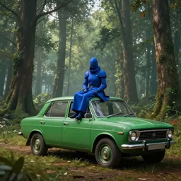 blue knight sits on top of a green car, elegant scene, indian forest, wide angle, cinematic, ultrarealistic, trending on artstation, cgsociety, highly detailed, color graded, rendered in unreal engine 4 k hq, matte painting, by simon stalenhag, horizon forbidden west
