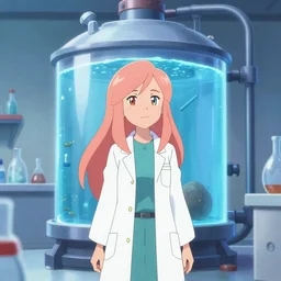 British Pokemon original character with wild peach colored hair and heterochromia, Pixar style, beautiful woman, scientist, standing in a lab in front of a giant containment liquid filled tank, by Tristan Eaton Stanley Artgerm and Tom Bagshaw, Makoto Shinkai ilya kuvshinov and Wojtek Fus