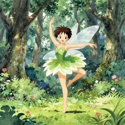 a young fairy dancing in the forest, yoshitoshi abe, yuya nagai, Ilya Kuvshinov, murata range, jean giraud, makoto shinkai,rembrandt, japanese, kawaii, sketch, alphonse mucha, vibrant colors, matte print, high saturation, detailed, octane renderer, 1980s