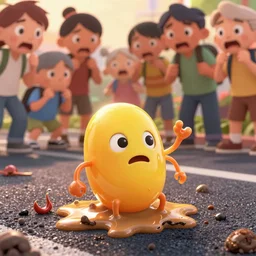 memorable animation key shot, onlookers terrified as jelly bean golem melts in the hot asphalt, hooks and barnacles, mud, sludge, by mandy jurgens, by satoshi kon, ilya repin, shinji kimura, william turner, pastel color palette