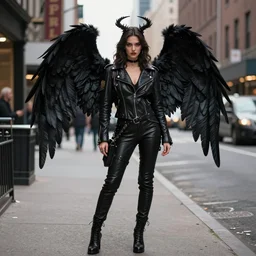 black angel, leather jacket, gorgeous, black wings, on the streets of new york, rich details, marginal light, full body steampunk, by amano yoshitaka karol bak