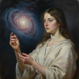 woman in a robe holding a, in the background you can see the universe. by Daniel F. Gerhartz, hyperrealistic oil painting, 4k, very detailed faces, studio lightning