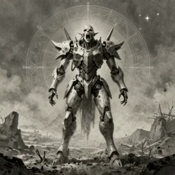 asura from chinese myth, ghost, mecha, symmetrical fullbody rendering, screaming with fear, geometry and astrology, artwork by artgerm, centered shot, decay, gross, desaturated, matte, ink, wide angle, full body, elfpunk, artwork by naoto hattori, landscape art by tyler edlin