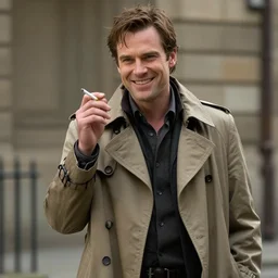 photorealistic film still of paul blackthorne as harry dresden posing as a charismatic smiling thief, with a light brown trench coat and a cigarette, in dresden files movie, super detailed, unreal engine, 4 k