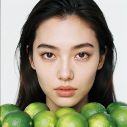analog close up frontal face portrait photography of a beautiful woman surrounded green limes by maxim nikolaev
