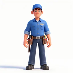 stern electrician with tool belt, stylized pixar-style 3d render, full body, standing, isolated on a pure white background, centered, whole figure in frame, sharp focus, studio lighting