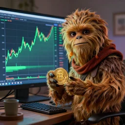 wookiee at home trading crypto. the charts are at all time highs, gains, green charts, painting by frank frazetta, 3 d rendering by beeple, wlop