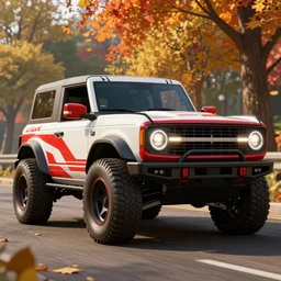ford bronco 1 9 7 0 custom, wide body kit, red and withe wrapping design, led lights, design 3 dmax vray maya pixar unreal 5, hyperrealistic, octane render, dynamic lighting, intricate detail, harvest fall vibrancy, cinematic beeple, by thomas kinkade global illumination ray tracing hdr, art gta 5 cover, official fanart behance hd artstation by