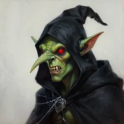 a detailed portrait painting of night goblin wearing a black pointy hood, green skin, red eyes, sharp teeth, long pointed nose, dungeons and dragons character art, warcraft art, spider webs, in the style of tim hildebrandt