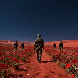 the soldiers walking on battlefield, the other shore flower growing on it, dark blue sky, ominous. cinematic lighting, red desert planet hdr, hd, 8 k, movie 4 k symmetrical portrait, character concept art, rendered in octane, trending in, trending on artstation, craig mullins