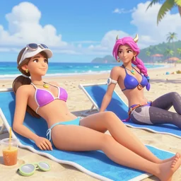 tracer and mercy from overwatch relaxing at the beach getting a sun tan, unreal engine 5 4 k