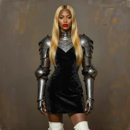portrait of a warrior, mulatto, crossbreed, beautiful face, beautiful features, red lips, long golden hair, black closed velvet dress, leather armor, iron armor, white boots, alexander mcqueen clothing, very beautiful style, realism, oil, painting, boogero, edgard mcsons