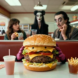 the strange cheeseburger creature loves everybody at the fast food place, film still from the movie directed by denis villeneuve and david cronenberg with art direction by salvador dali and zdzisław beksinski, wide lens