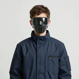 teenager wearing a boiler suit and a futuristic mask