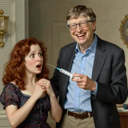 Bill Gates smiling maniacally, holding a syringe, threatening to inject a frightened woman, artstation, by J. C. Leyendecker and Peter Paul Rubens,