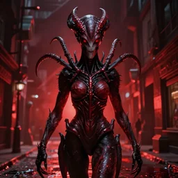 mother demogorgon in the background, red ambience, at night, creepy over the street in the background, dynamic lighting, photorealistic fantasy concept art, trending on art station, stunning visuals, creative, cinematic, ultra detailed