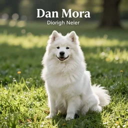 a samoyed dog sitting in the middle of sunny meadow, by Dan Mora