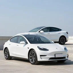 photo of a Tesla model 3 (2019), wide angle,