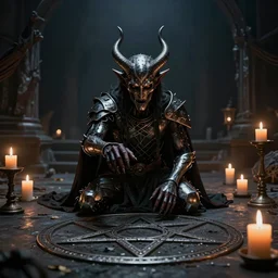 a metal musician using a pentagram on the floor to conjure a demon. Candles. Ominous lights. Magic. Horror film still.