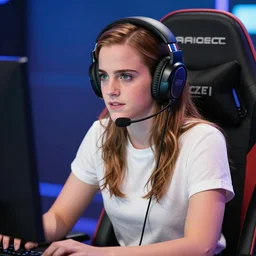 emma watson wearing a gaming headset photo sitting on gaming chair stock photo