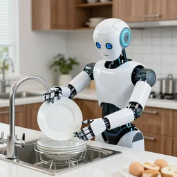 a clumsy humanoid robot doing the dishes badly.