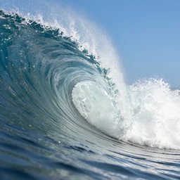 high - speed extreme close - up photography through the curving curl of an ocean wave catching the sunlight, water spray, blue sky
