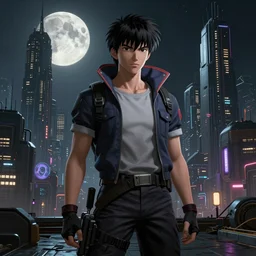 a cyberpunk under-dweller in a sprawling Moon city, Koji Morimoto, Akira, Blade Runner, Necromunda, rendered in unreal engine 3D, octane render, volumetric lighting, anti aliasing, clean linework