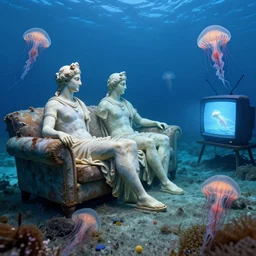 underwater photograph of ancient greek statues sitting on a rotting couch on sea floor watching tv, elegant jellyfish, exploration, national geographic, volumetric lighting