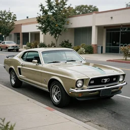a mustang parked by the street, 1970s