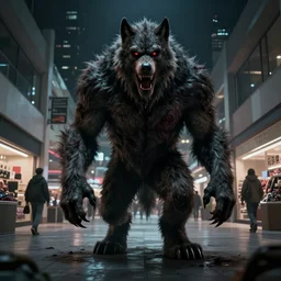 in the style of artgerm, steve niles, rafael albuquerque, large hairy werewolf in a shopping mall at night, moody lighting, horror scary terror