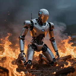 futuristic robot bent on knees towards a burning field, photograph, smoke, dark, 8k, detailed
