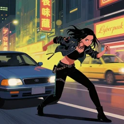 cyberpunk dodging a moving car, in the style of greg rutkowski