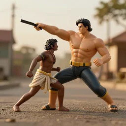 toy called Stretch Armstrong, life size, fighting a small Indian man, golden hour, award winning,